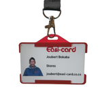 Staff ID in burgundy cardholder with lanyard